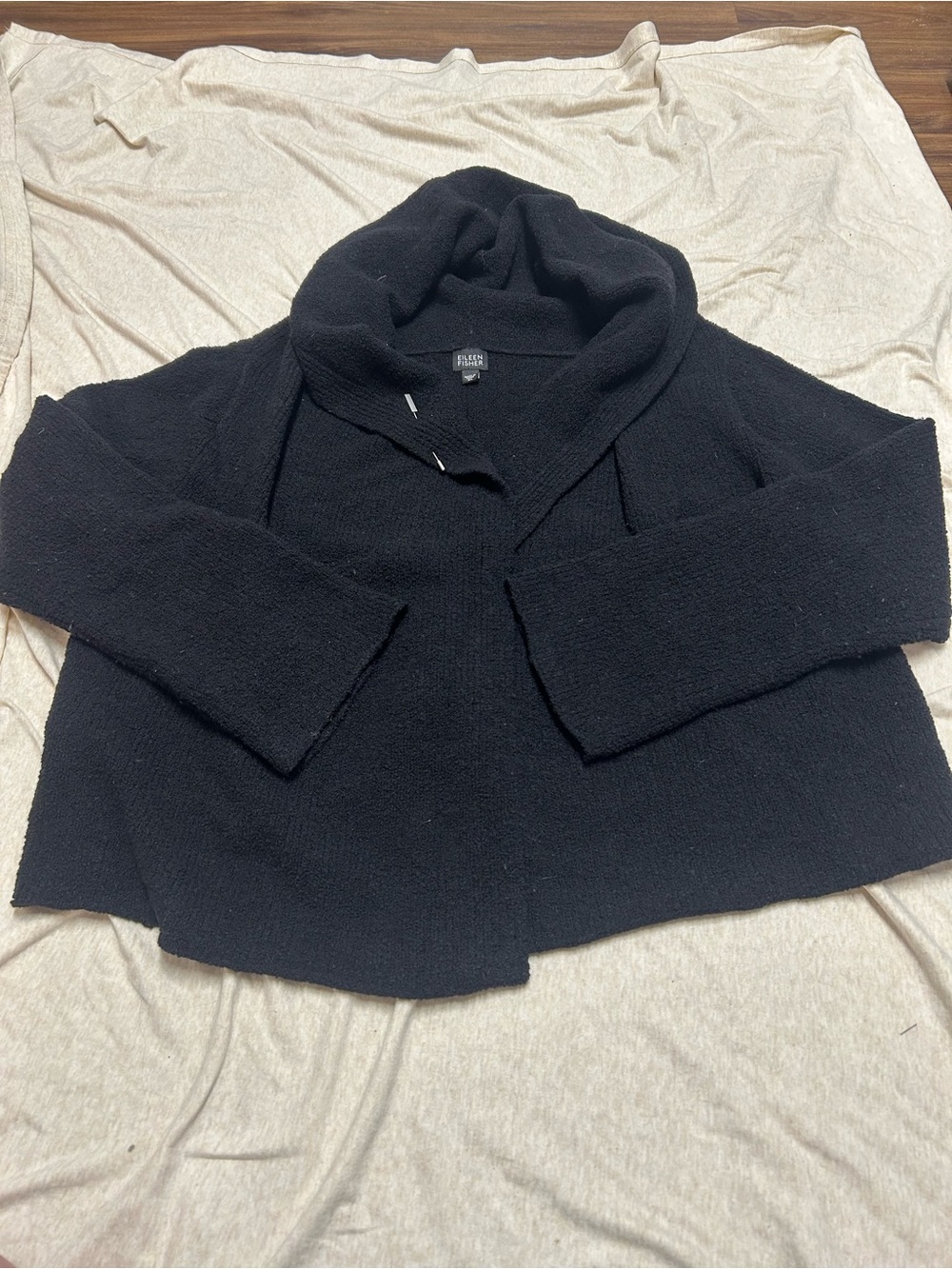 Eileen Fisher Wool Open Front Hooded Cardigan Sweater Boucle Knit Shawl Collar